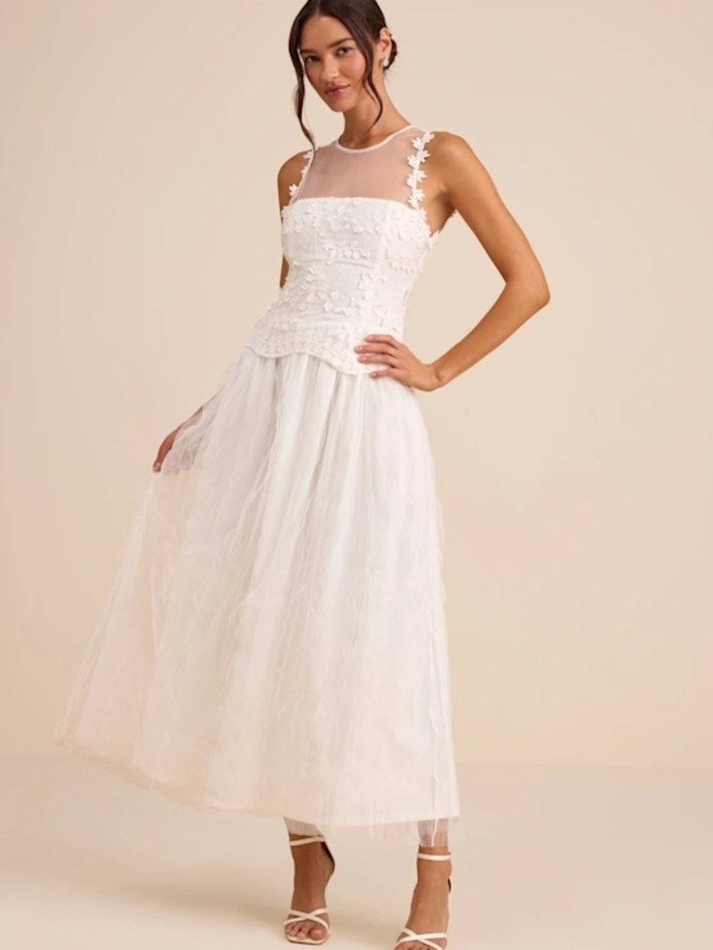 NWT Lulu's Bina White Embtoidered Sleeveless Midi Dress